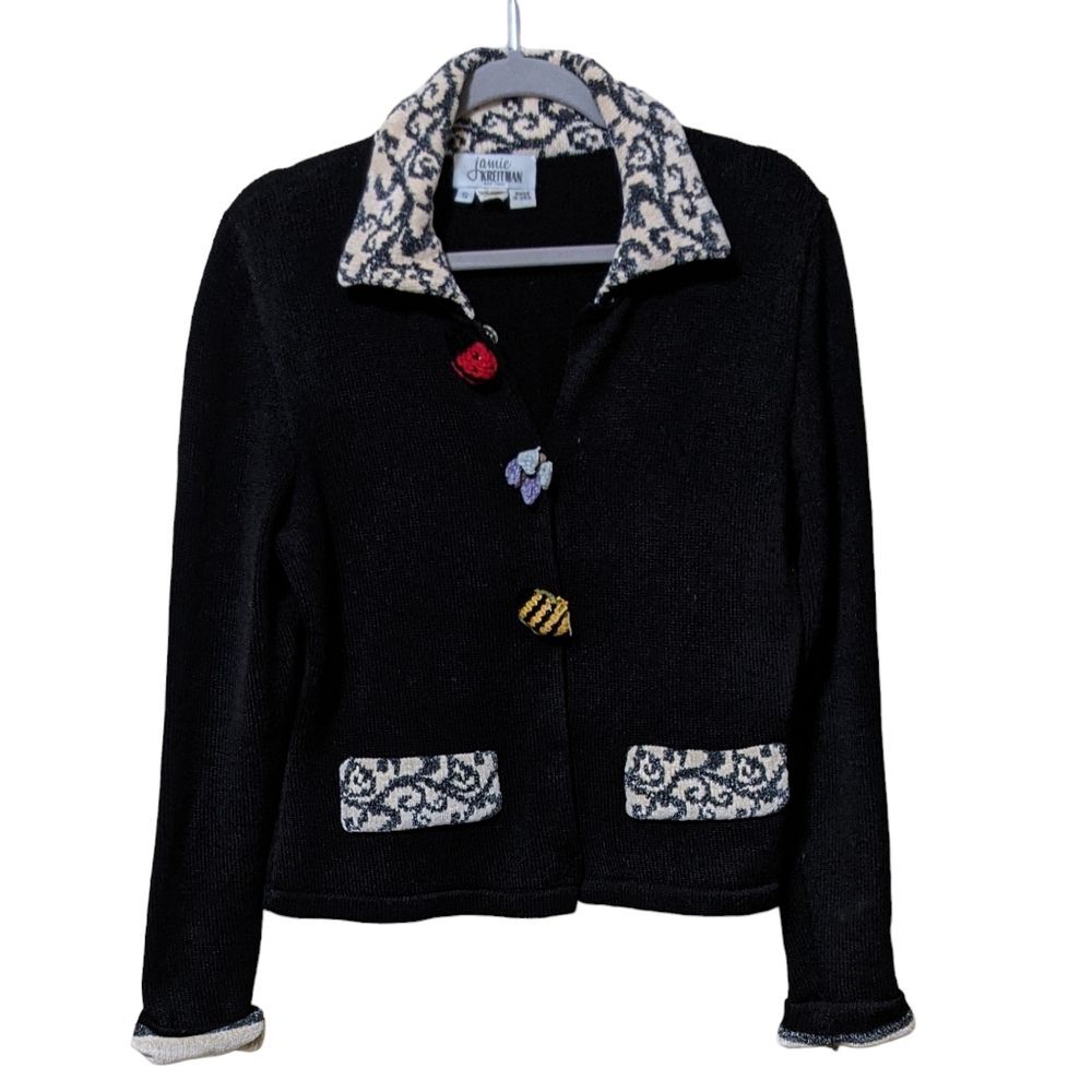 Vintage Jamie Kreitman NY black knit cardigan sweater USA bugs and bees size S